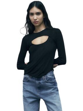 NWT Zara Bolero Effect Cut Out Long Sleeve Top in Black Size Medium